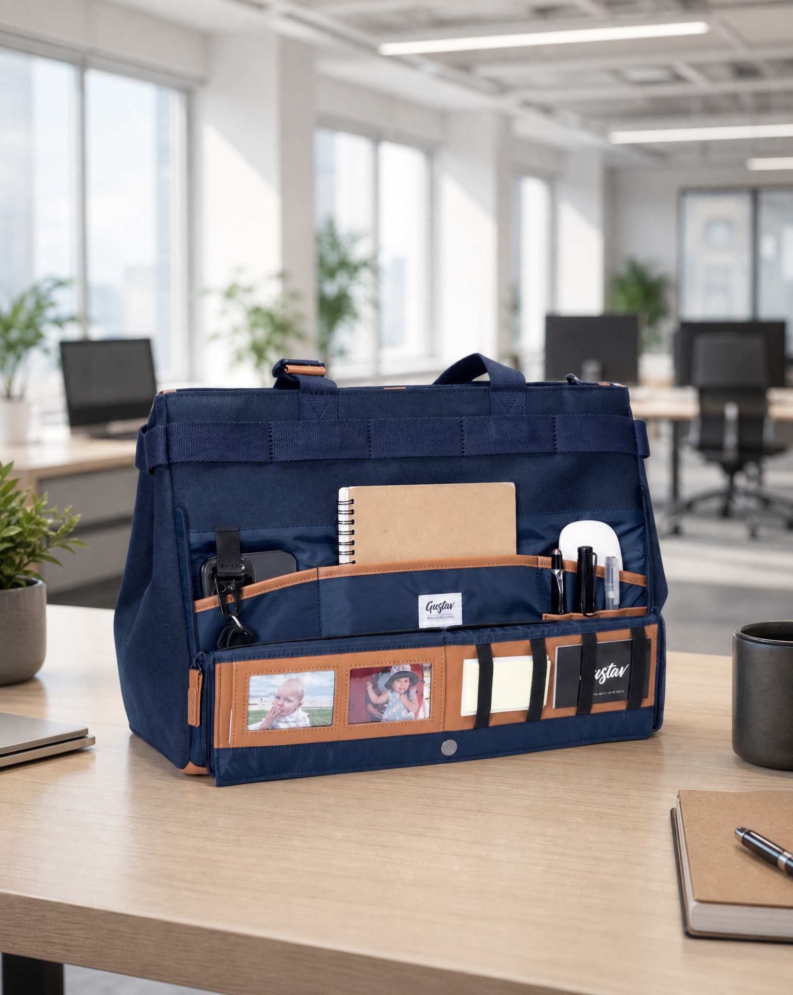 Navy blue desk sharing  bag on a desk in an office setting