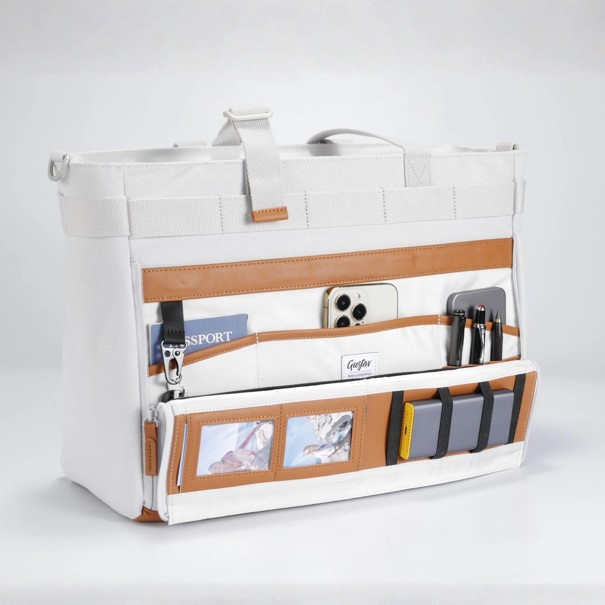 DeskMate work bag unfolded into desk organizer – white colorway for shared desks