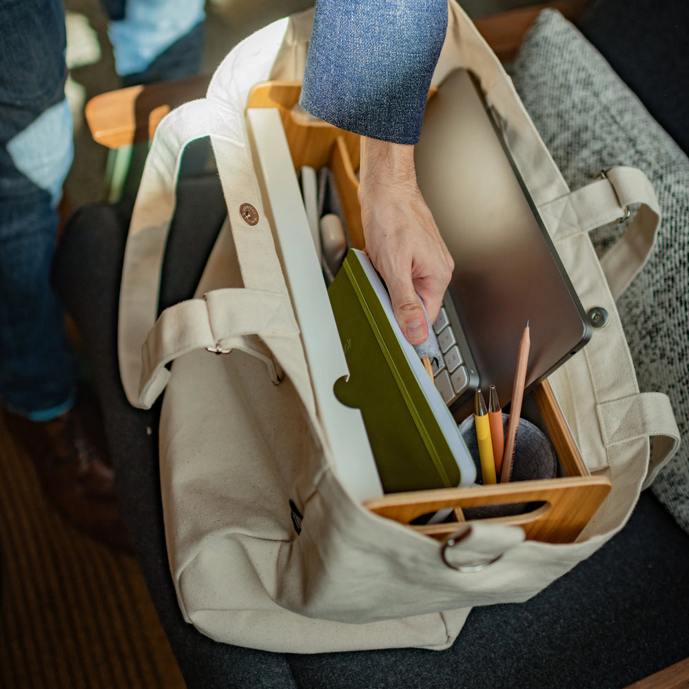 Gustav Tote Bag – flat lay with desk accessories