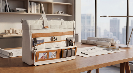 Desk organizer on a wooden desk with a cityscape view in the background