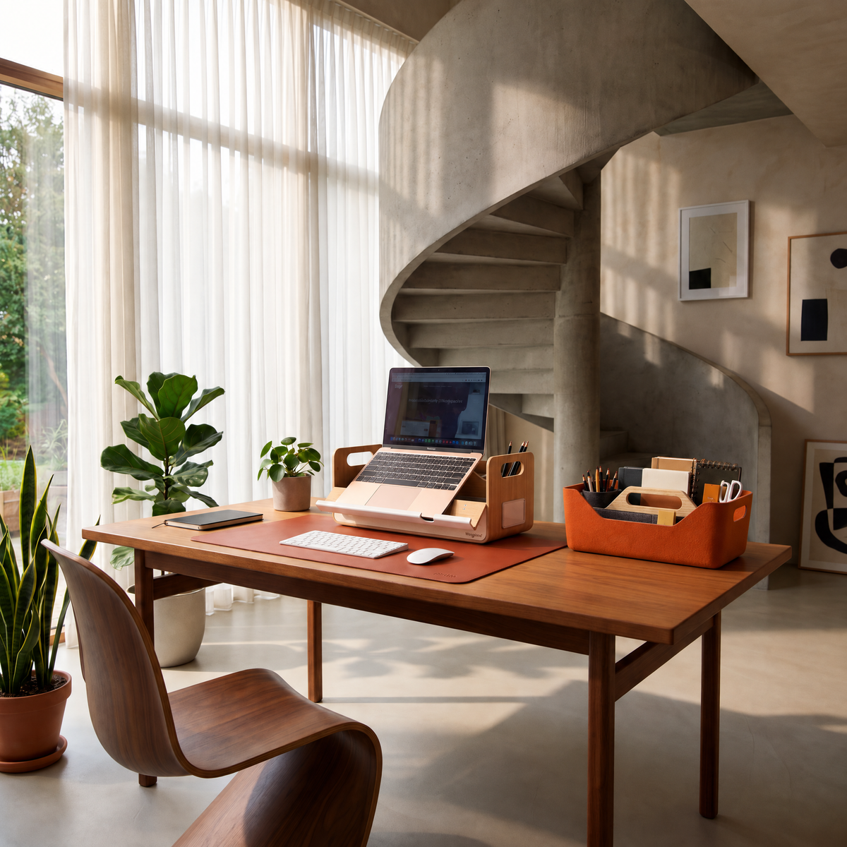 A modern wooden desk setup in a minimalist interior with a spiral staircase. The desk holds a laptop on a stand, a keyboard and mouse, an orange desk organizer, and several potted plants.