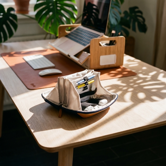 A beige canvas desk organizer pouch filled with pens and accessories, displayed on a light wood desk in a sunlit home office setting with a laptop, keyboard, and plants in the background.
