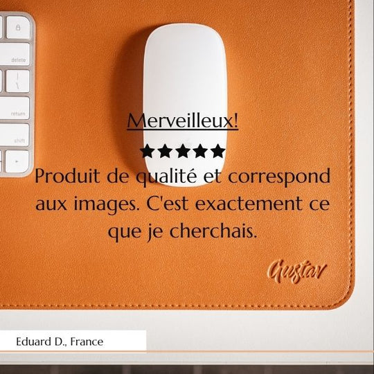 Orange mouse pad with a white mouse on top, featuring a five-star rating and review text.