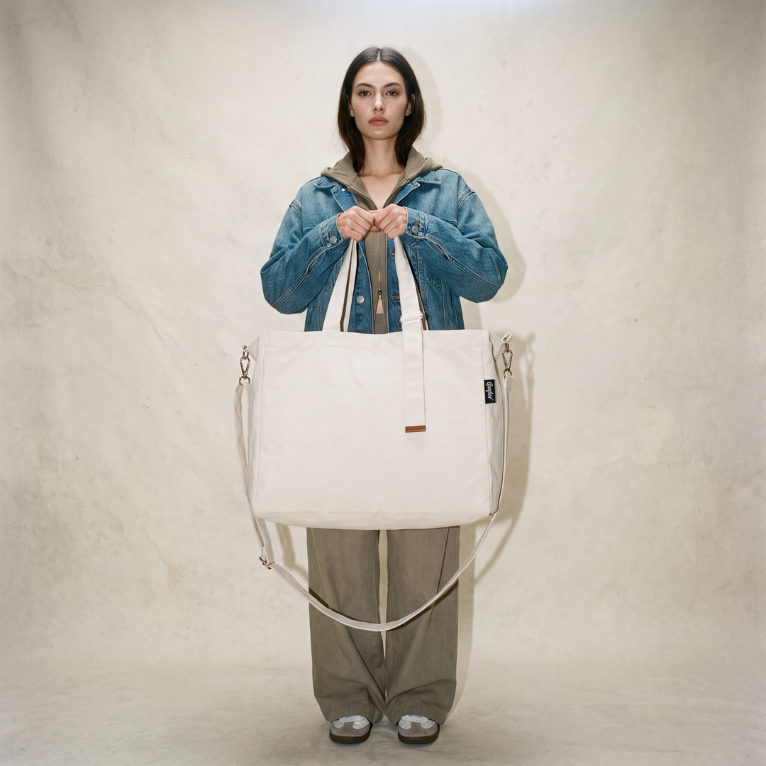 A model stands against a textured beige wall holding a large off-white canvas tote bag with a long shoulder strap and a small black brand tag on the side.