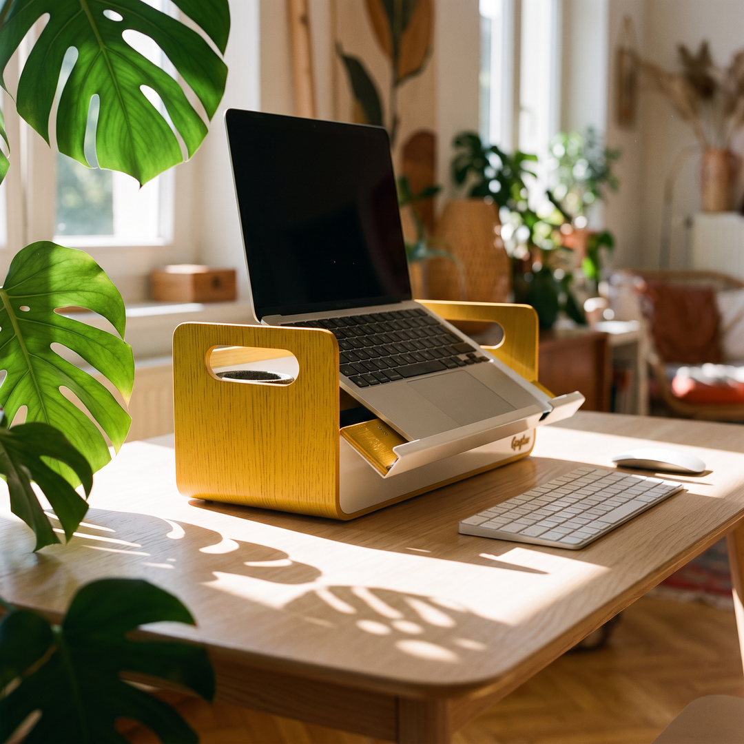 A gold and white laptop stand holding an open laptop on a wooden desk in a sunlit home office, with a keyboard, phone, and green plants in the background.