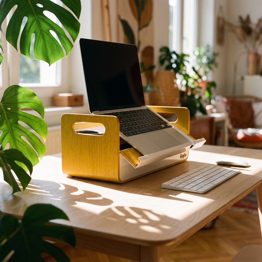 A gold and white laptop stand holding an open laptop on a wooden desk in a sunlit home office, with a keyboard, phone, and green plants in the background.
