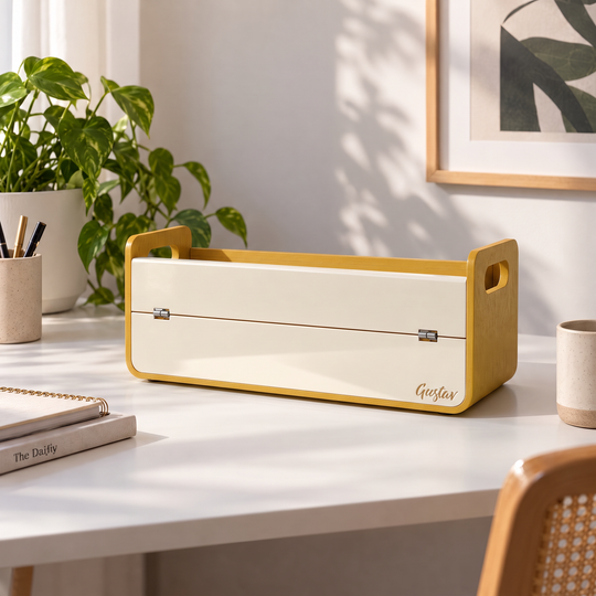 A cream and mustard yellow storage box with metal latches sits on a white desk in a bright, modern room with a potted plant and framed wall art in the background.