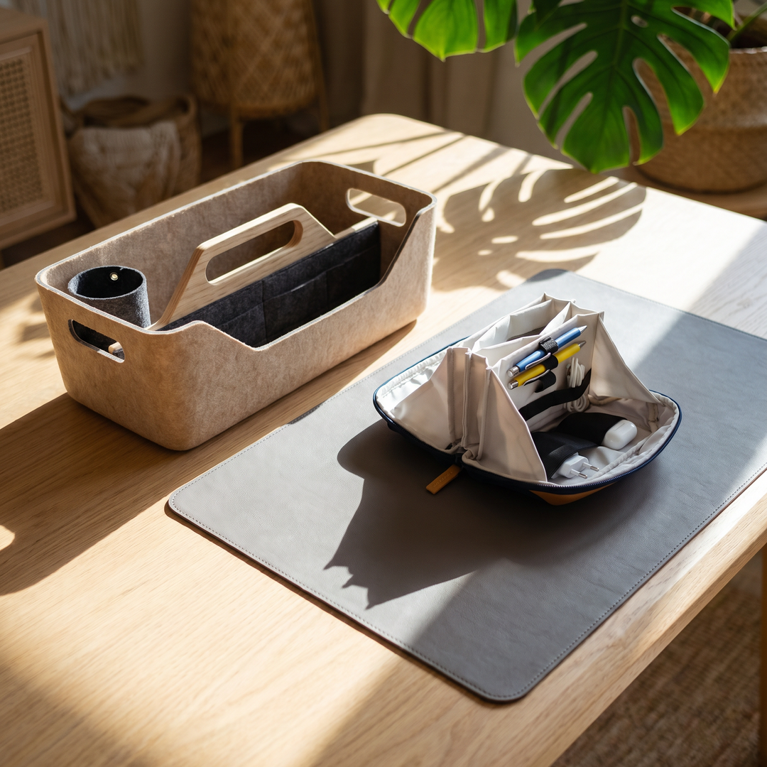 Desk setup with a container, notebook, and stationery on a wooden desk.