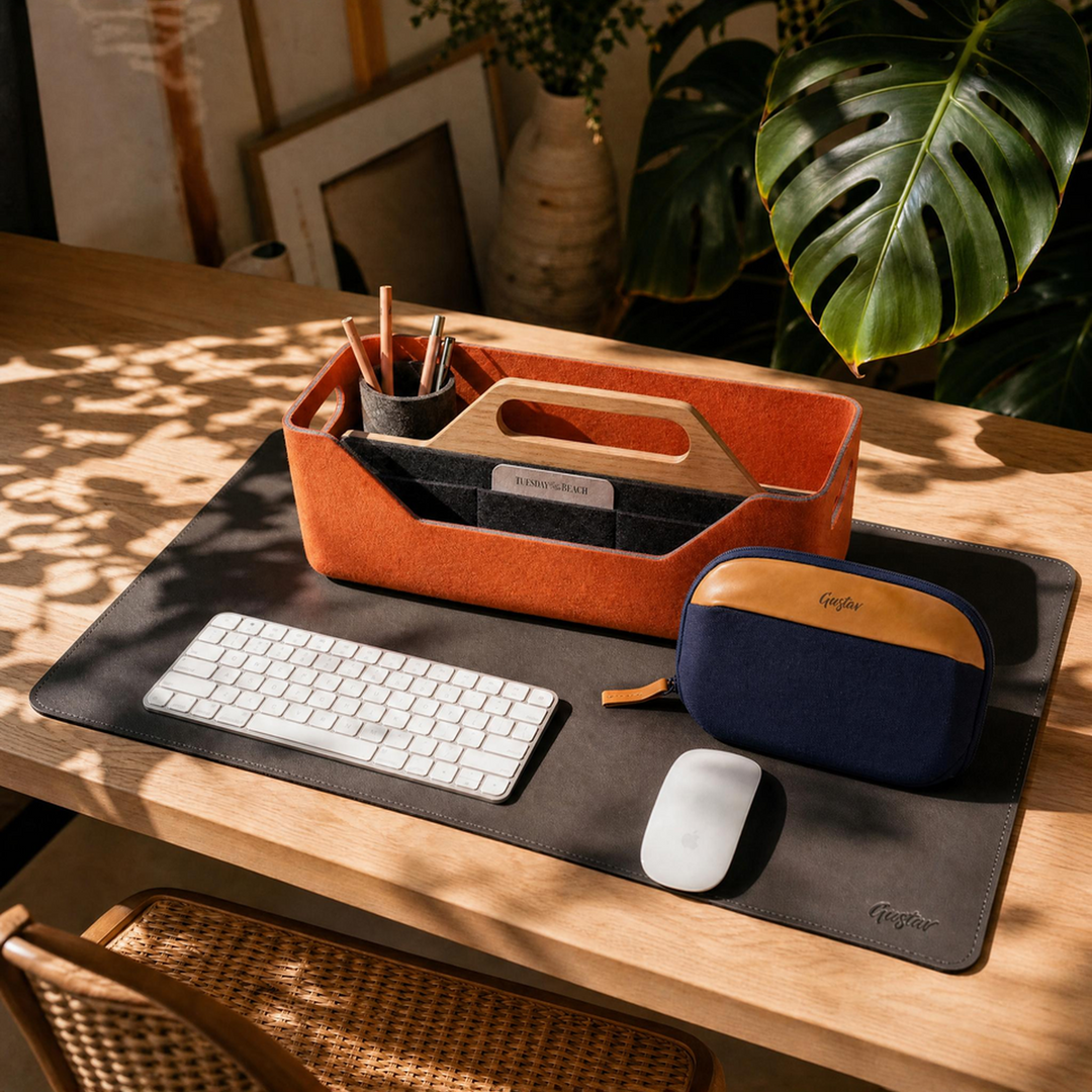 Desk setup with keyboard, mouse, and office supplies on a wooden desk.